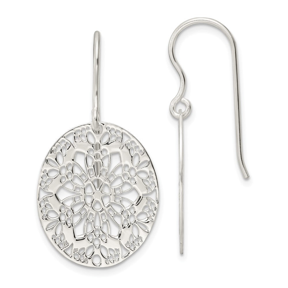 Sterling Silver Polished Floral Oval Dangle Earrings