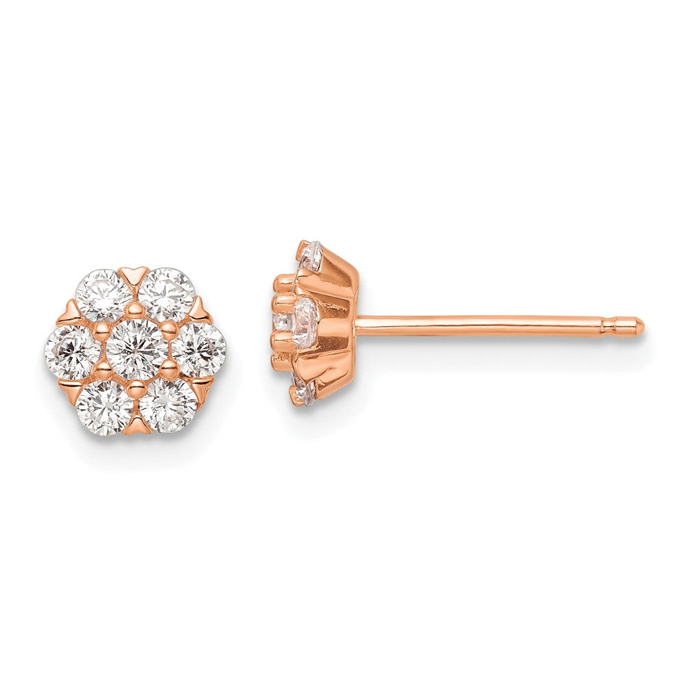 Sterling Silver Polished Rose-tone CZ Flower Post Earrings