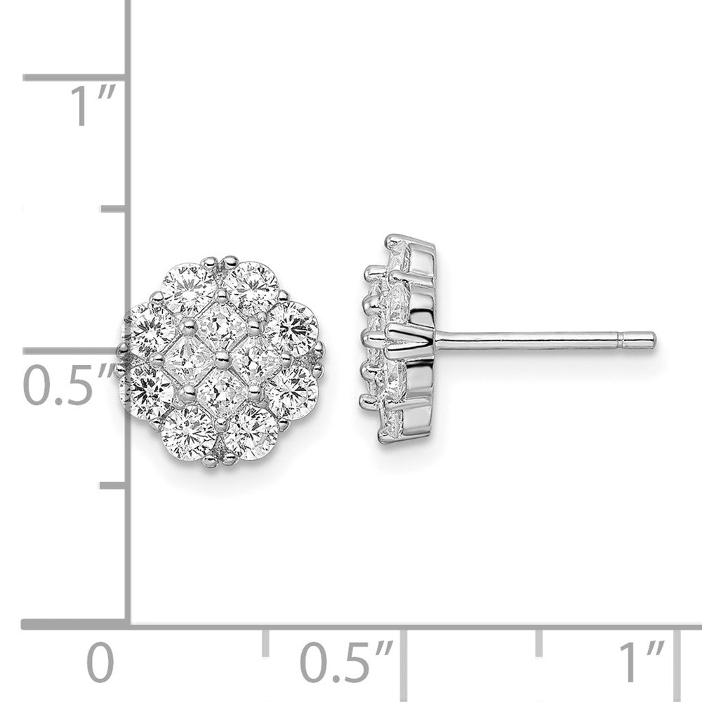 Rhodium-plated Sterling Silver Polished Flower Cluster CZ Post Earrings