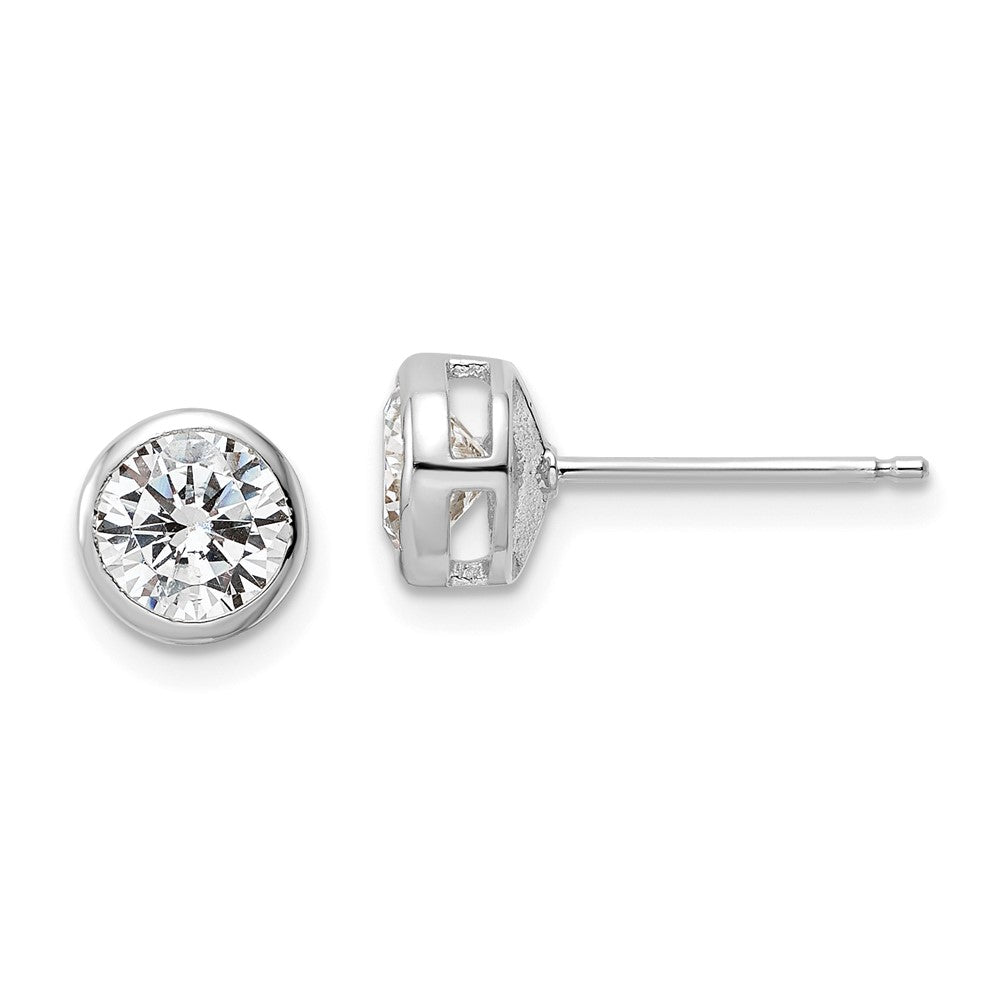 Sterling Silver Polished Rhodium-plated 6mm CZ Bezel Post Earrings