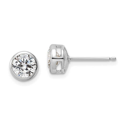 Sterling Silver Polished Rhodium-plated 6mm CZ Bezel Post Earrings
