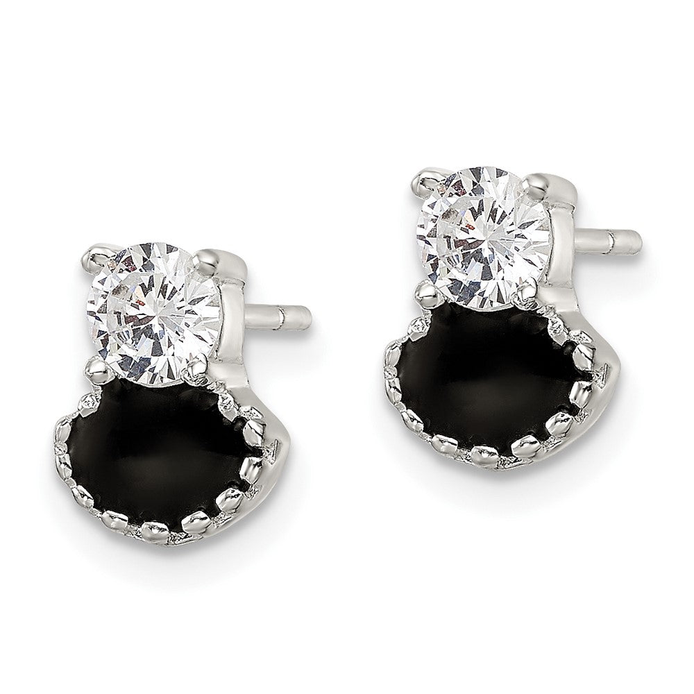 Sterling Silver Polished CZ and Black Enamel Post Earrings