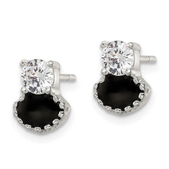Sterling Silver Polished CZ and Black Enamel Post Earrings