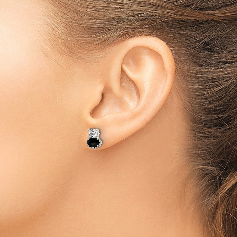 Sterling Silver Polished CZ and Black Enamel Post Earrings