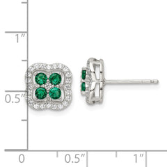 Rhodium-plated Sterling Silver Green and Clear CZ Clover Post Earrings