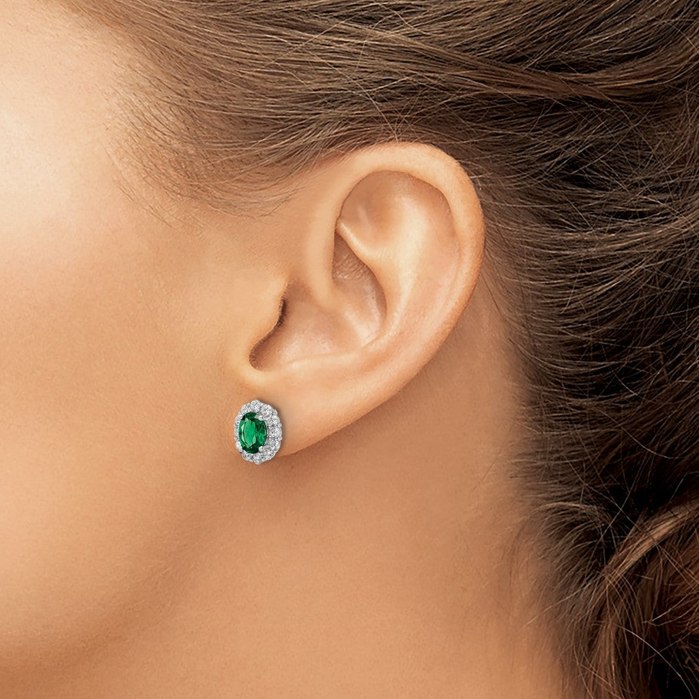 Sterling Silver Polished Rhodium-plated Green and Clear CZ Post Earrings