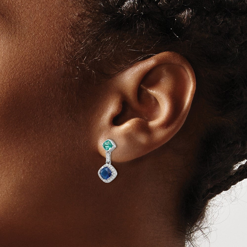 Rhodium-plated Sterling Silver CZ and Glass Stone Dangle Post Earrings