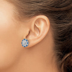 Rhodium-plated Sterling Silver Polished Blue & White Fancy CZ Post Earrings