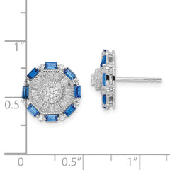 Rhodium-plated Sterling Silver Polished Blue & White Fancy CZ Post Earrings
