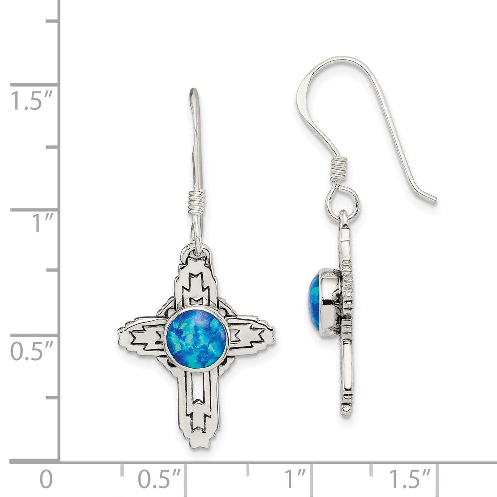 Sterling Silver Antiqued Created Opal Cross Earrings
