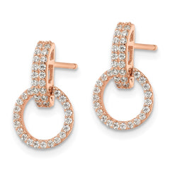 Sterling Silver Polished Rose-tone CZ Circle Dangle Post Earrings