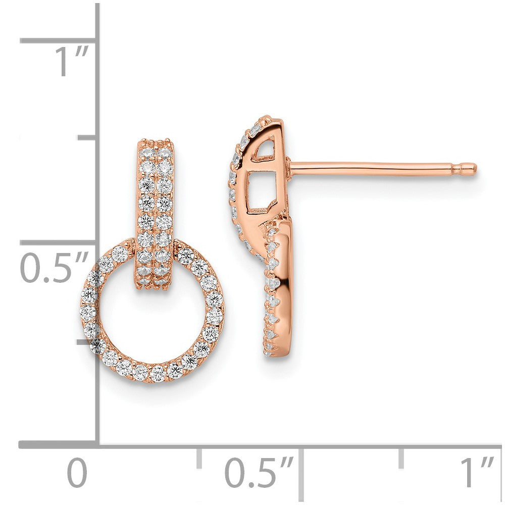 Sterling Silver Polished Rose-tone CZ Circle Dangle Post Earrings