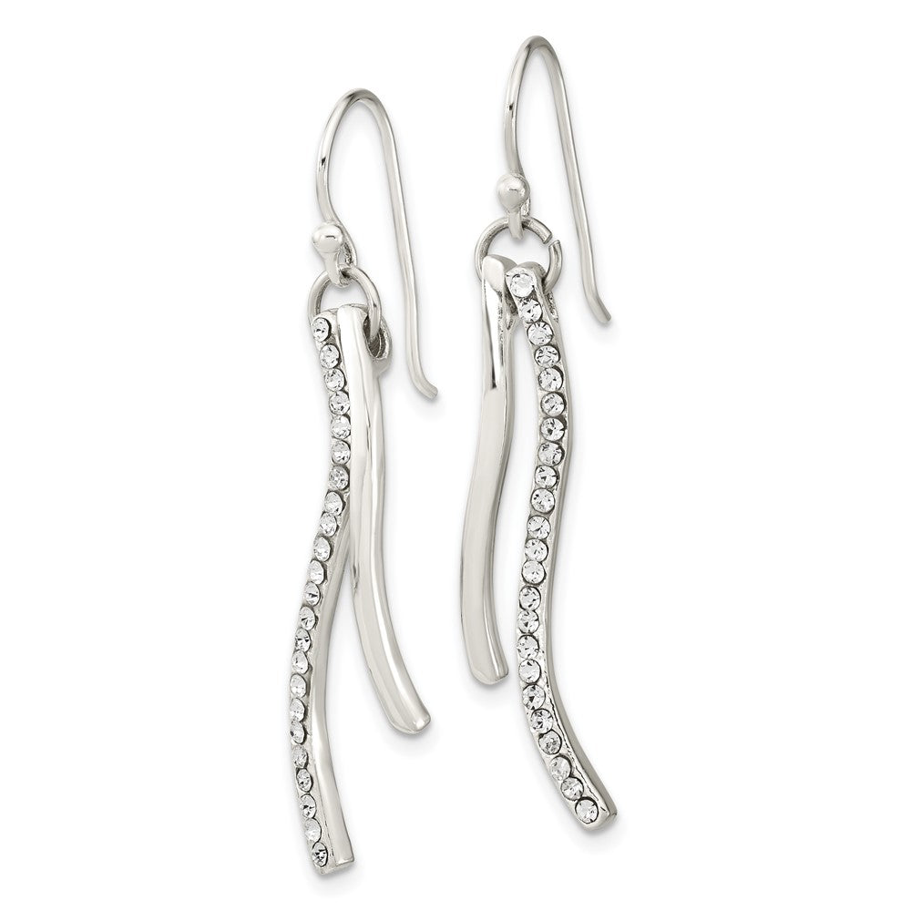 Sterling Silver Polished CZ Wavy Bar Dangle Shephard Hook Earrings