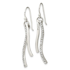 Sterling Silver Polished CZ Wavy Bar Dangle Shephard Hook Earrings