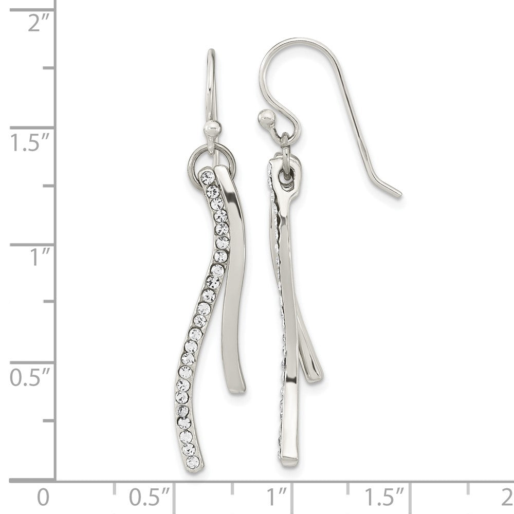 Sterling Silver Polished CZ Wavy Bar Dangle Shephard Hook Earrings