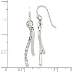 Sterling Silver Polished CZ Wavy Bar Dangle Shephard Hook Earrings