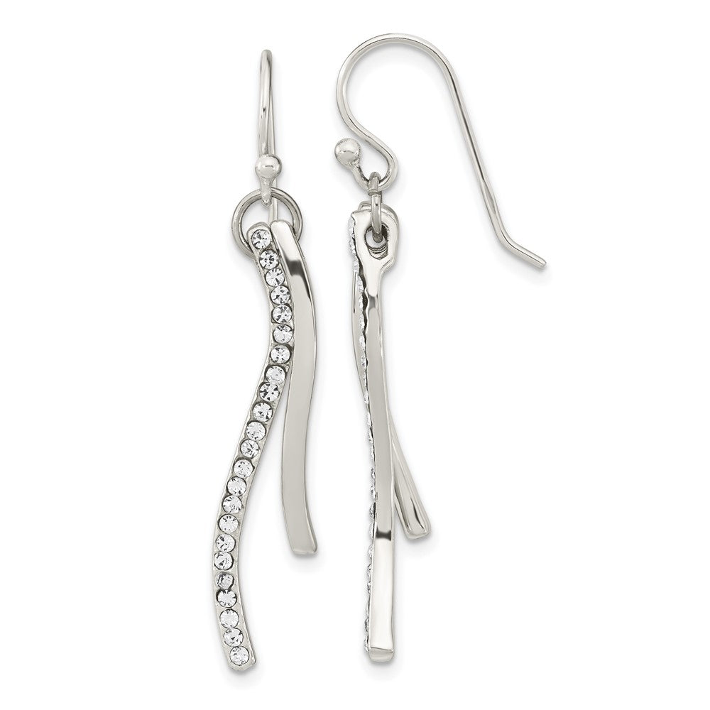 Sterling Silver Polished CZ Wavy Bar Dangle Shephard Hook Earrings