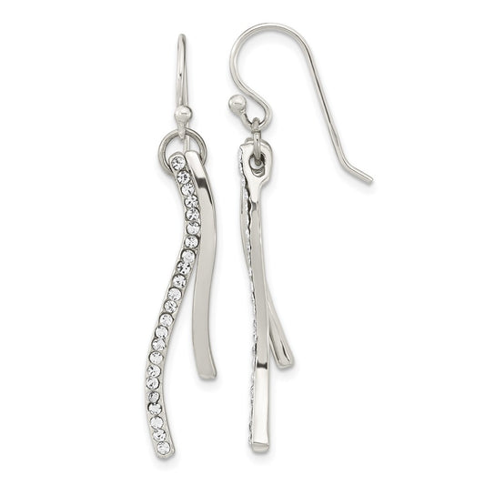 Sterling Silver Polished CZ Wavy Bar Dangle Shephard Hook Earrings
