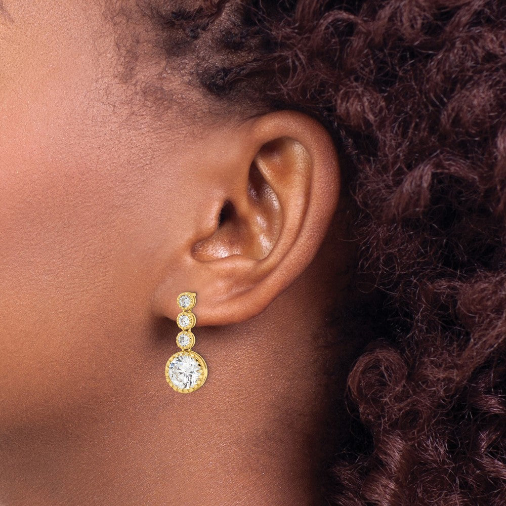 Yellow Gold-plated Sterling Silver Polished Round CZ Dangle Post Earrings