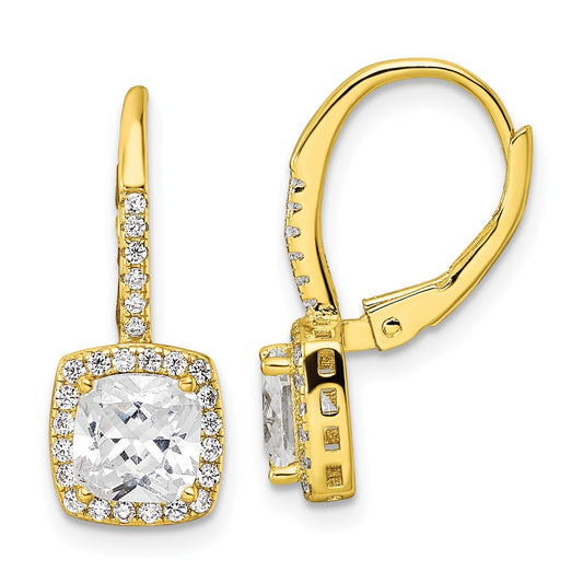 Yellow Gold-plated Sterling Silver Polished Princess Cut CZ Leverback Earrings