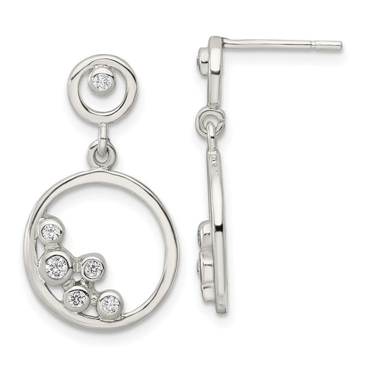Sterling Silver Polished CZ Circle Dangle Post Earrings