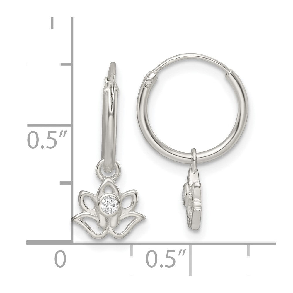 Sterling Silver Polished CZ Dangle Lotus Endless Hoop Earrings