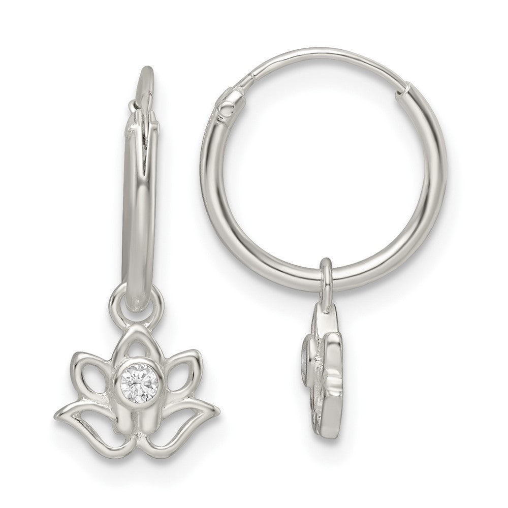 Sterling Silver Polished CZ Dangle Lotus Endless Hoop Earrings