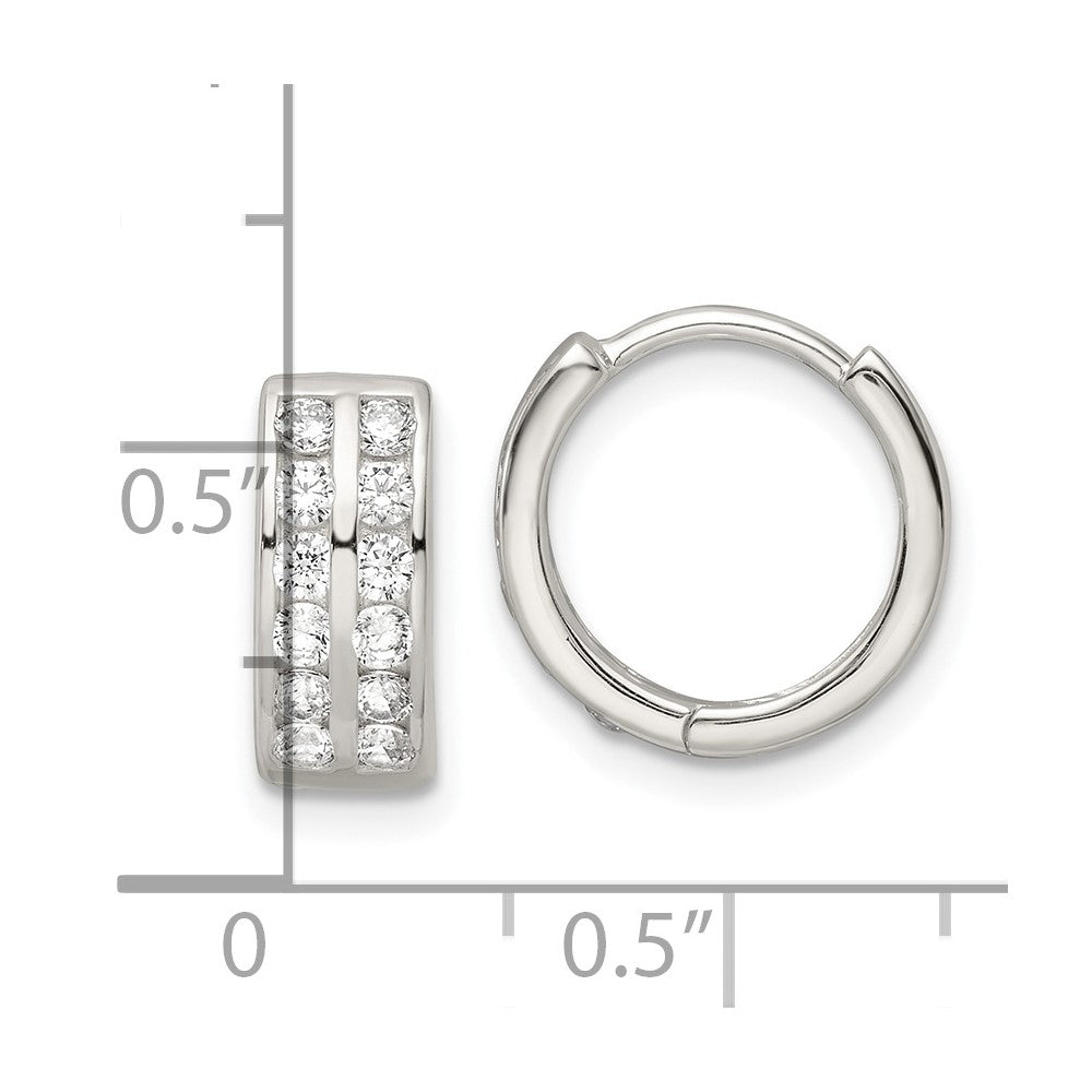 Sterling Silver Polished 2 Row CZ Hinged Hoop Earrings