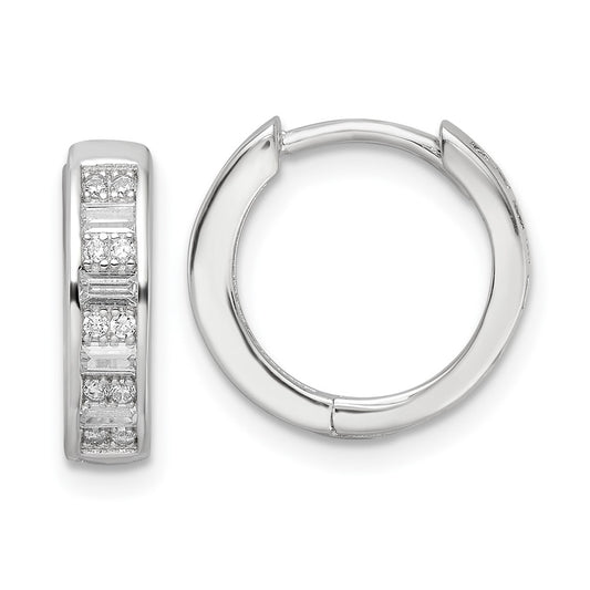 Sterling Silver Polished Rhodium-plated CZ Hinged Hoop Earrings