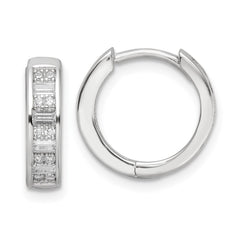 Sterling Silver Polished Rhodium-plated CZ Hinged Hoop Earrings