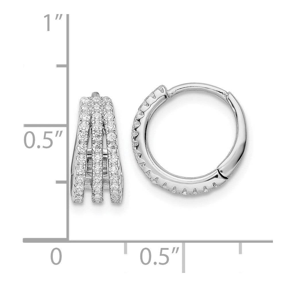 Rhodium-plated Sterling Silver Polished Triple Row CZ Hinged Hoop Earrings