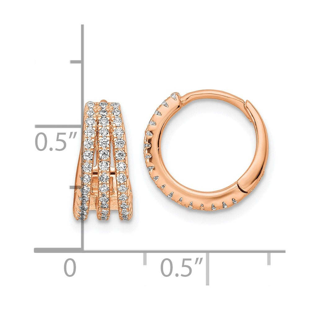 Rose Gold-plated Sterling Silver Polished Triple Row CZ Hinged Hoop Earrings