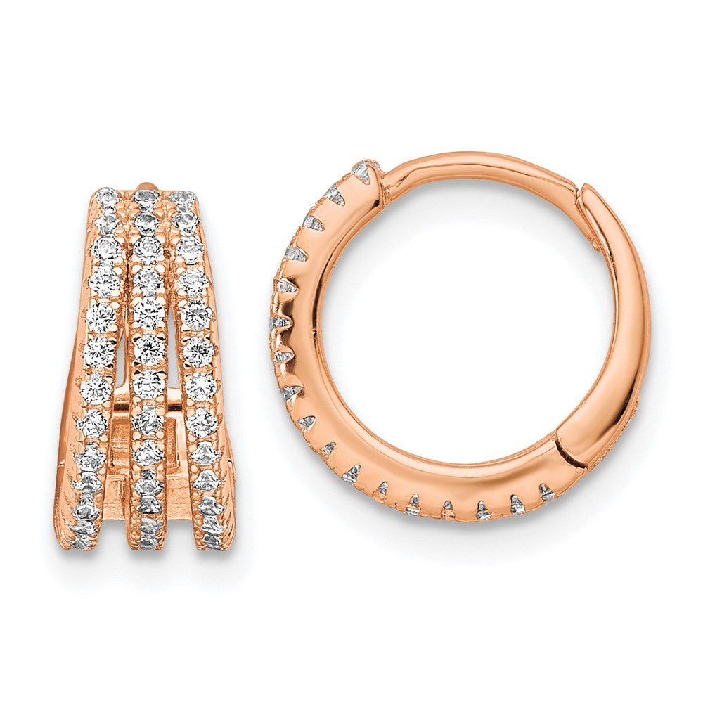 Rose Gold-plated Sterling Silver Polished Triple Row CZ Hinged Hoop Earrings