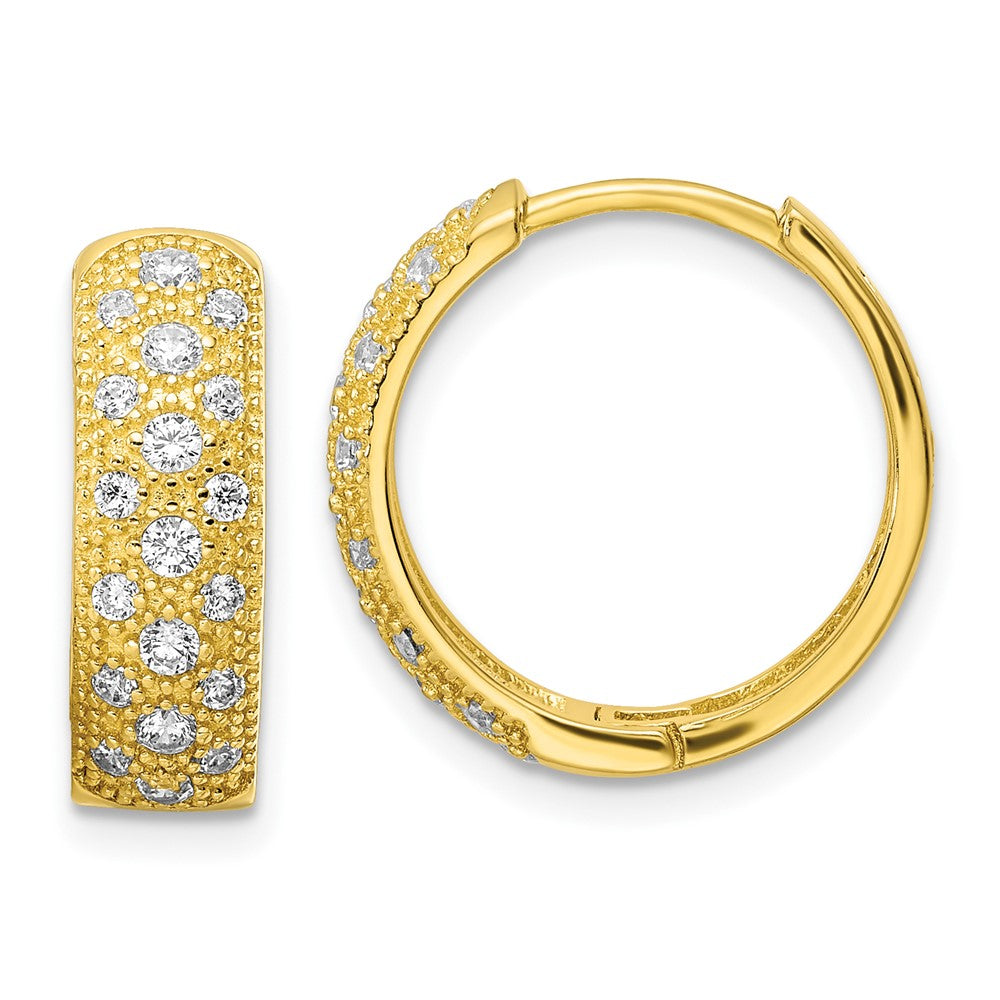 Sterling Silver Polished Gold-tone CZ Hinged Hoop Earrings
