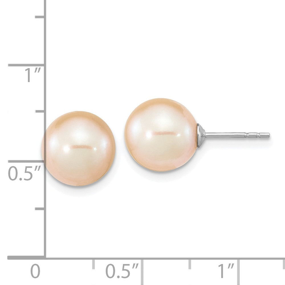Rhodium-plated Sterling Silver 9-10mm Pink Round FWC Pearl Post Earrings