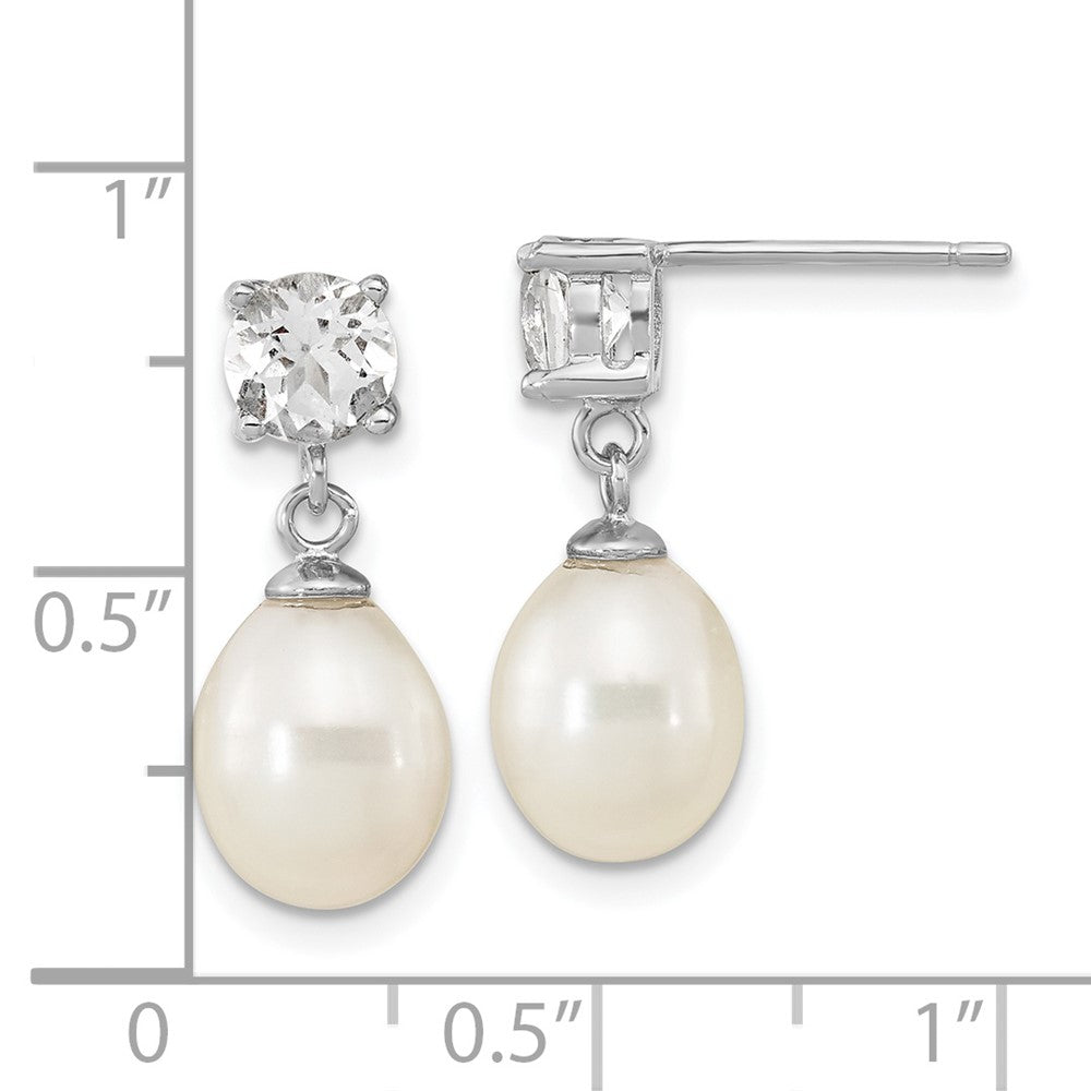 Rhodium-plated Sterling Silver White Topaz 7-10mm White Teardrop FWC Pearl Earrings