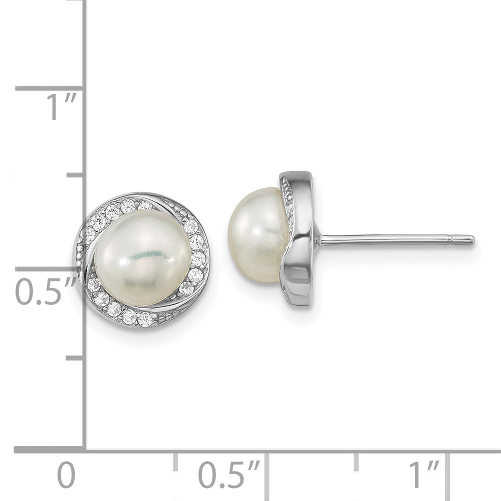Rhodium-plated Sterling Silver CZ 6-7mm White Button FWC Pearl Post Earrings