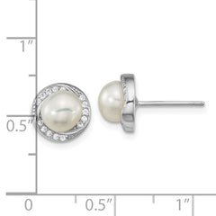 Rhodium-plated Sterling Silver CZ 6-7mm White Button FWC Pearl Post Earrings
