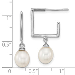 Rhodium-plated Sterling Silver 7-8mm White Rice FWC Pearl Square Earrings