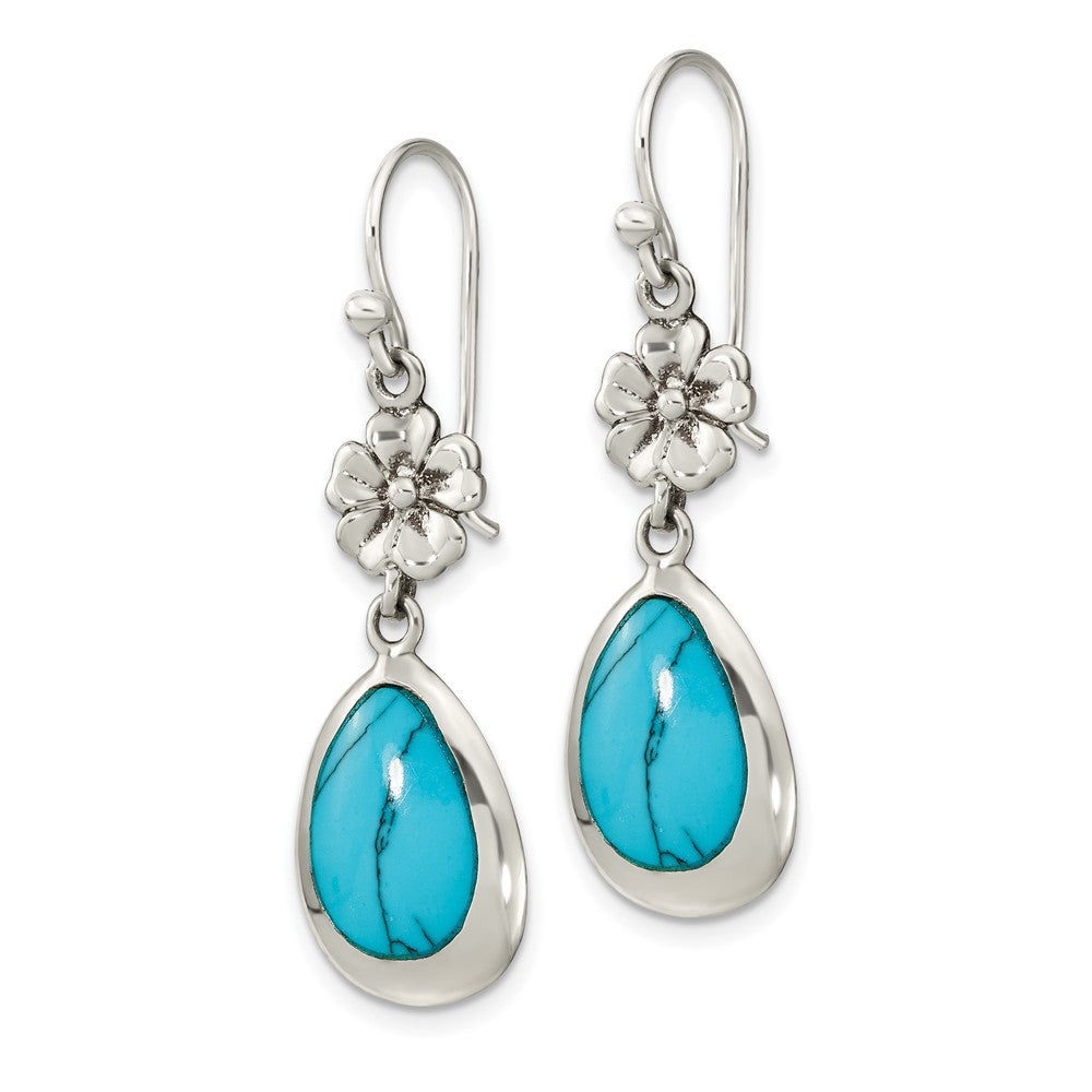 Sterling Silver Polish Floral Reconstituted Turquoise Teardrop Earrings
