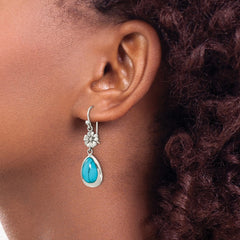 Sterling Silver Polish Floral Reconstituted Turquoise Teardrop Earrings