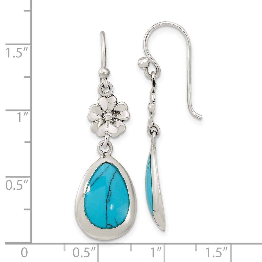Sterling Silver Polish Floral Reconstituted Turquoise Teardrop Earrings