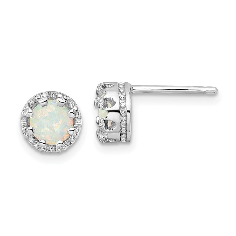 Rhodium-plated Sterling Silver Polished White Created Opal Post Earrings