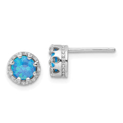 Rhodium-plated Sterling Silver Polished Blue Created Opal Post Earrings