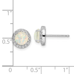 Rhodium-plated Sterling Silver White Created Opal & CZ Halo Post Earrings