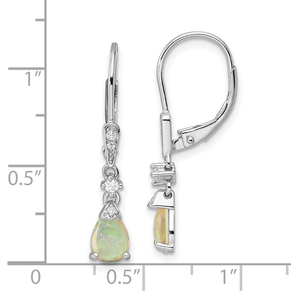 Rhodium-plated Sterling Silver CZ Created Opal Teardrop Leverback Earrings