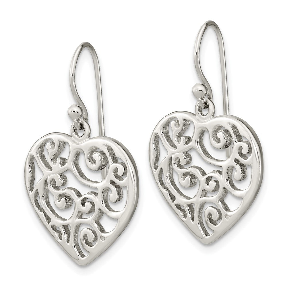 Sterling Silver Polished Filigree Heart Dangle Earrings