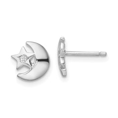 Rhodium-plated Sterling Silver CZ Star and Moon Post Earrings