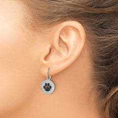 Sterling Silver Polished CZ Paw Print Leverback Earrings