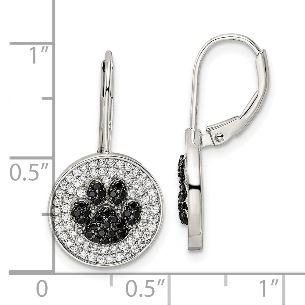 Sterling Silver Polished CZ Paw Print Leverback Earrings